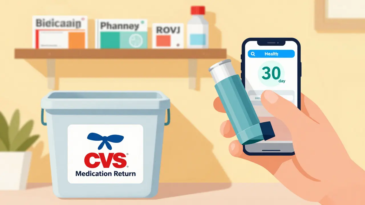 Person placing an expired inhaler into a pharmacy take-back bin with a smartphone showing an expiration alert.