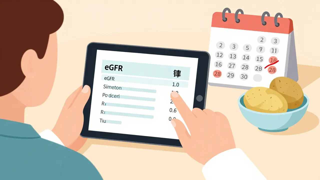 Person reviewing blood test results on tablet with monthly check-up calendar nearby