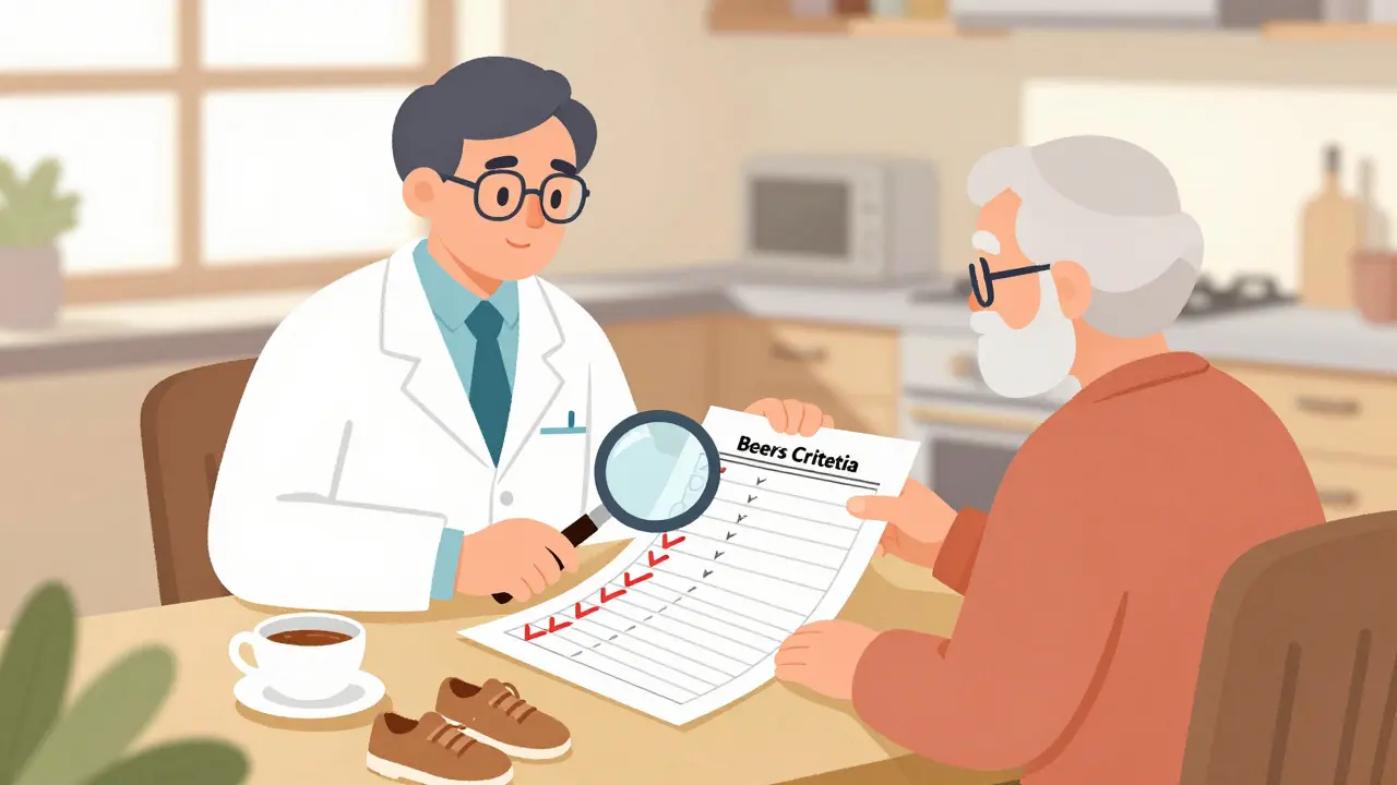 Pharmacist and elderly patient reviewing medication list at a kitchen table.