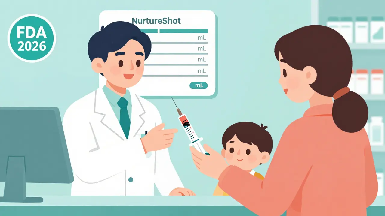 Pharmacist giving a color-coded oral syringe to a parent at the pharmacy counter.