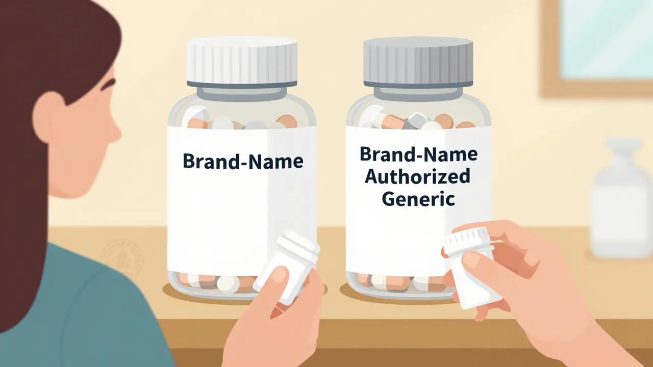 Pharmacist giving a patient a pill bottle, with branded and generic versions visible in transparent bottle behind.