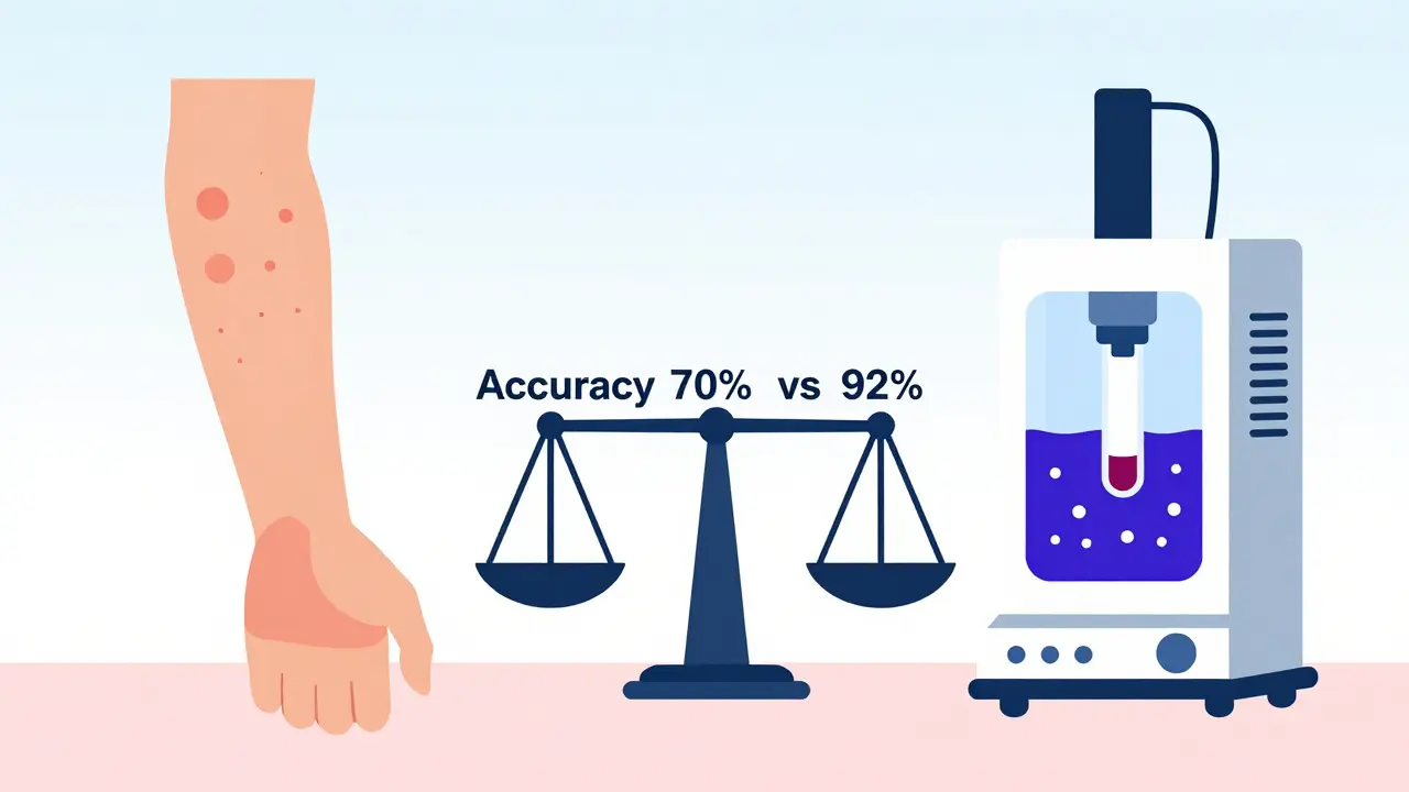 Side-by-side comparison of skin prick test and blood IgE testing with accuracy indicators.