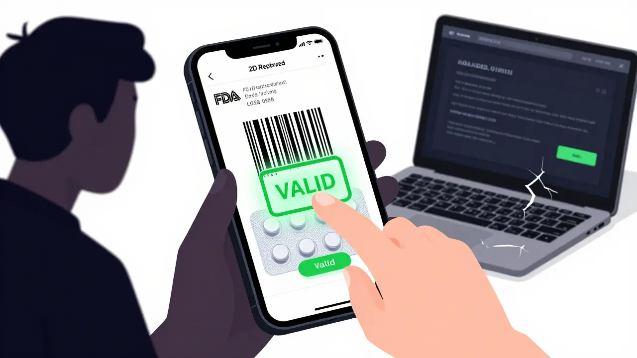 Smartphone scanning a pill pack with digital verification overlay showing FDA-approved details and a green 'VALID' stamp.