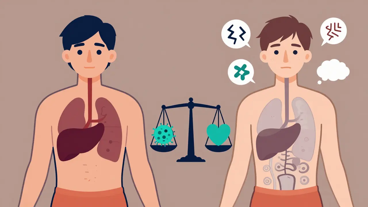 Split-body image showing health versus chemotherapy side effects, with icons for fatigue, brain fog, and nerve pain.