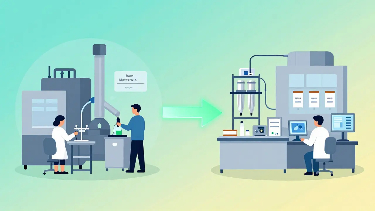 Split factory scene showing reformulation from old to new safe manufacturing processes