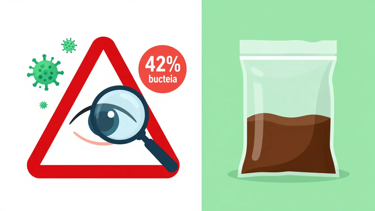 Split illustration showing dangerous bacteria near expired eye drops versus safe disposal with coffee grounds in a sealed bag.