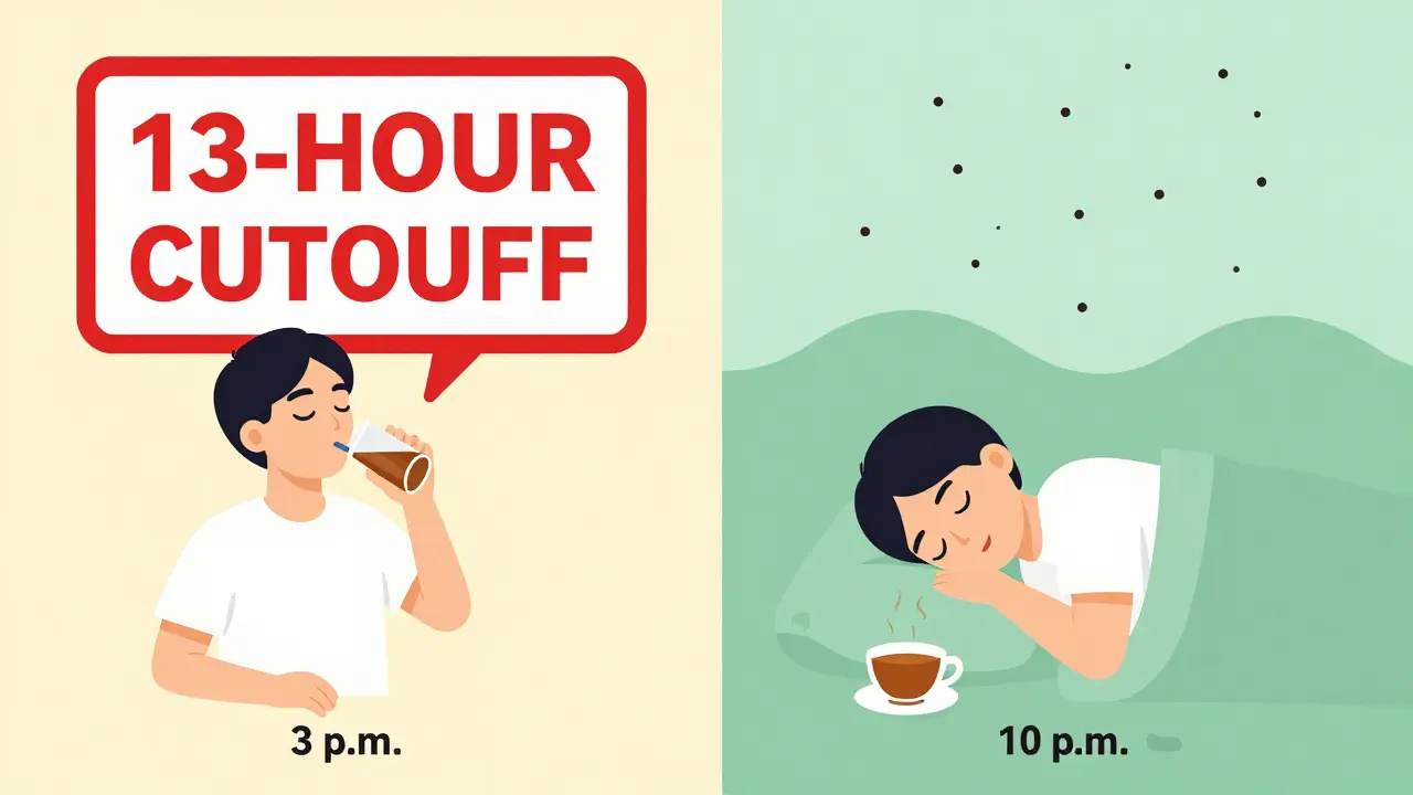 Split scene: energy drink at 3 p.m. vs. herbal tea at 2 p.m. with contrasting sleep outcomes