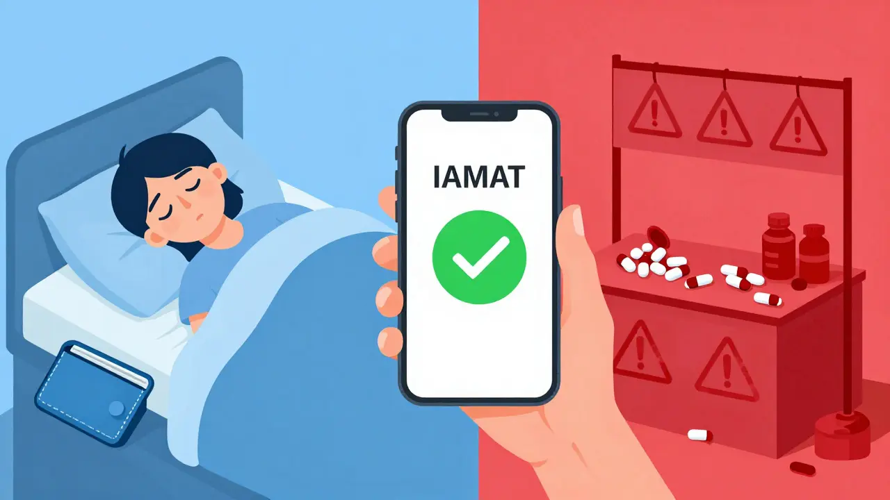 Split scene: safe medication storage vs. counterfeit pills on street, with IAMAT app displayed on phone.