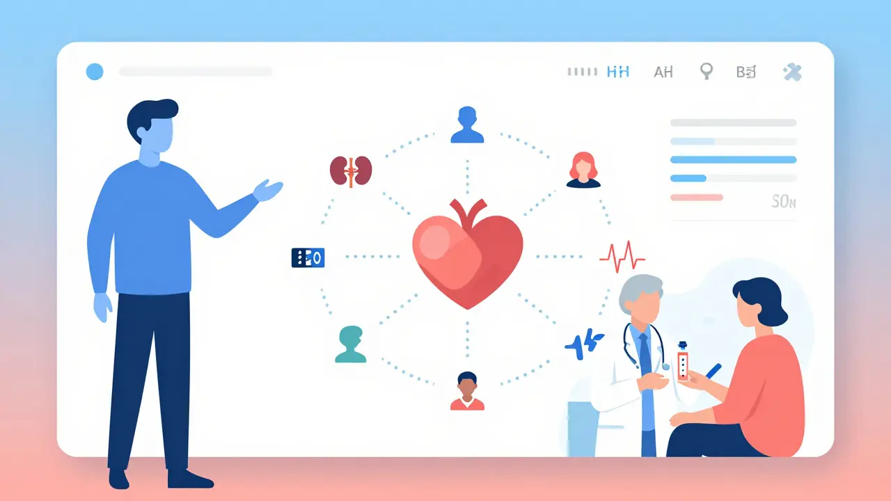 Stylized human silhouette with health metrics connected to a heart, showing personalized monitoring for heart failure
