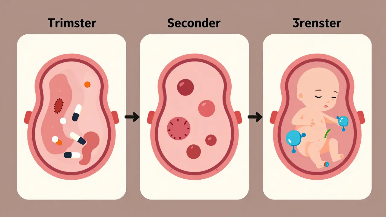 Three-panel timeline showing placental barrier development from first to third trimester of pregnancy.