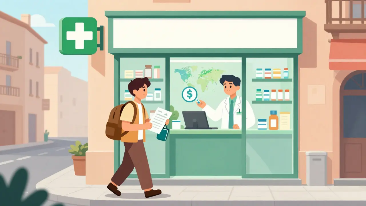 Traveler receiving medication from a pharmacist in a foreign city, holding a doctor’s letter and insulin cooler.