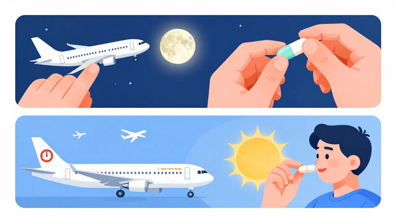 Traveler using melatonin for jet lag — eastward at night, westward in morning, with sun and moon icons.