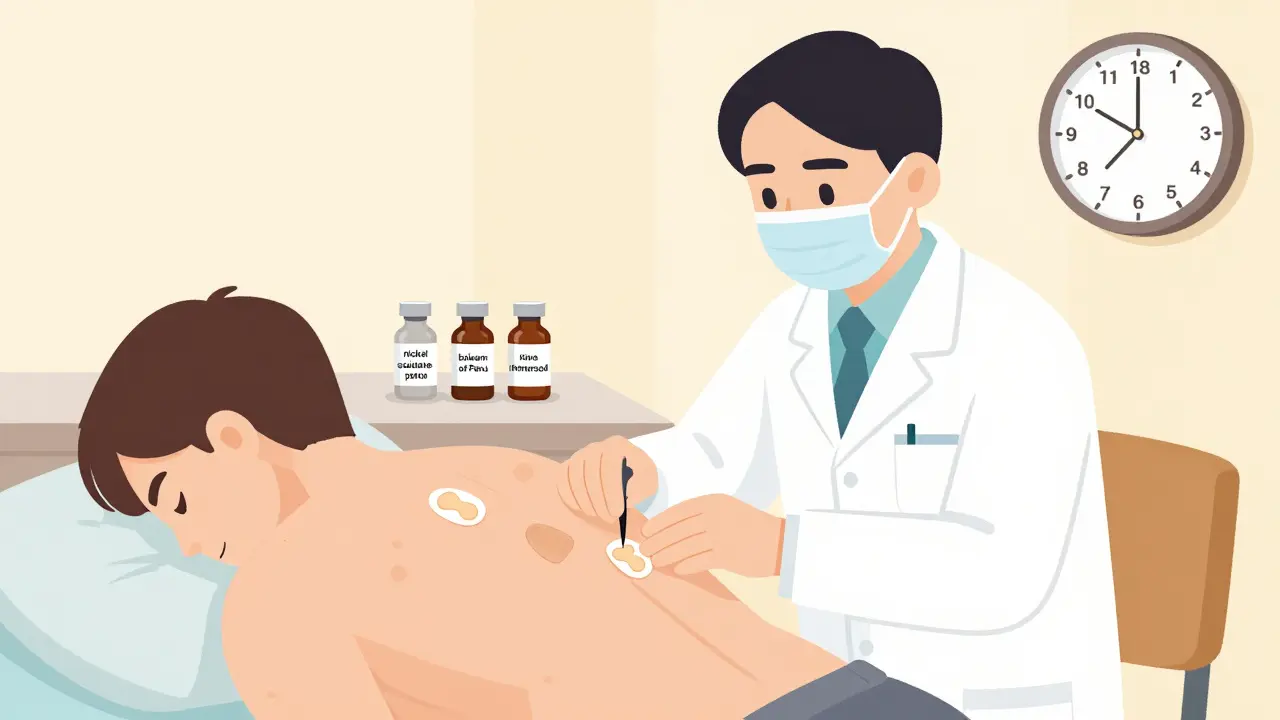 A dermatologist applying patch test panels to a patient's back, with allergen vials on a counter.