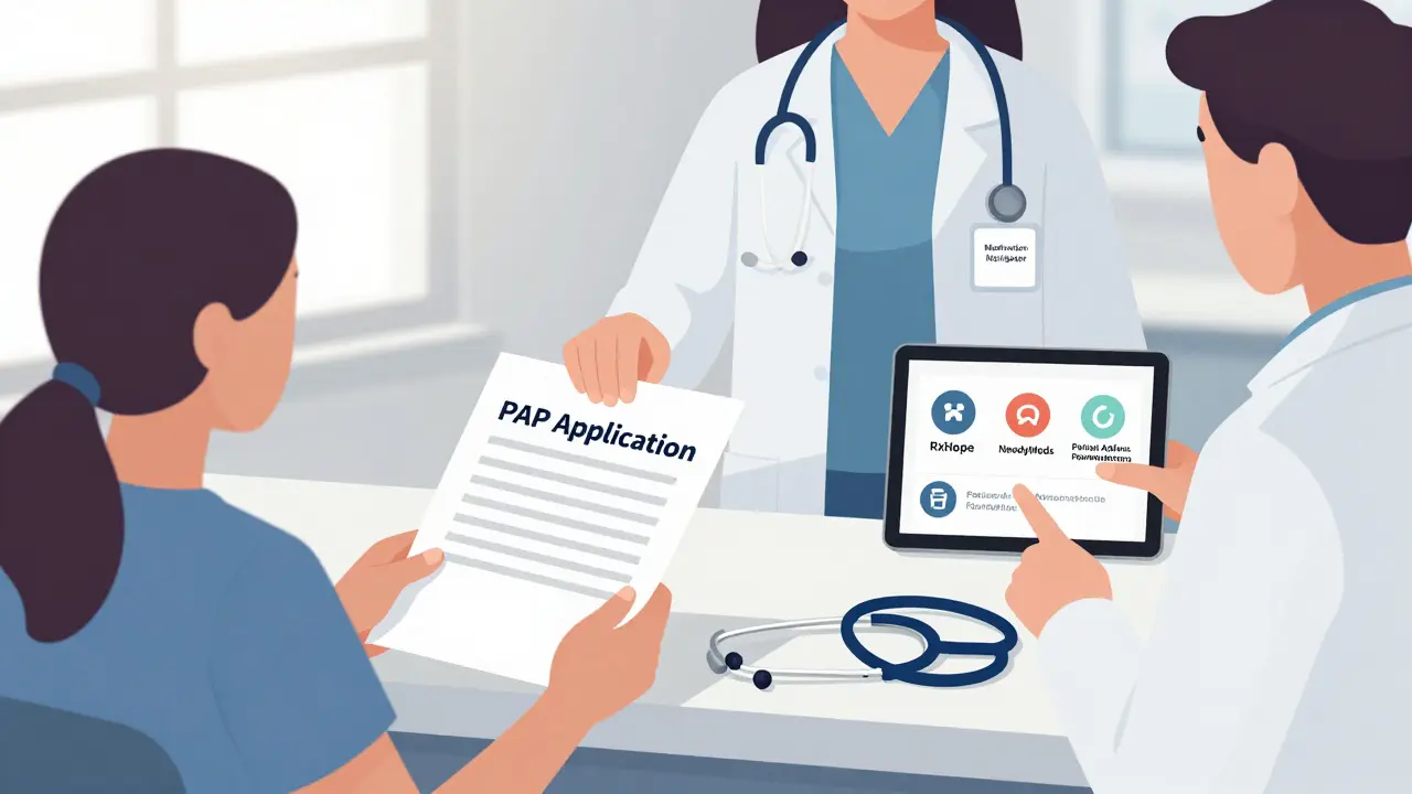 A doctor and medication navigator helping a patient complete a PAP application in a bright clinic.