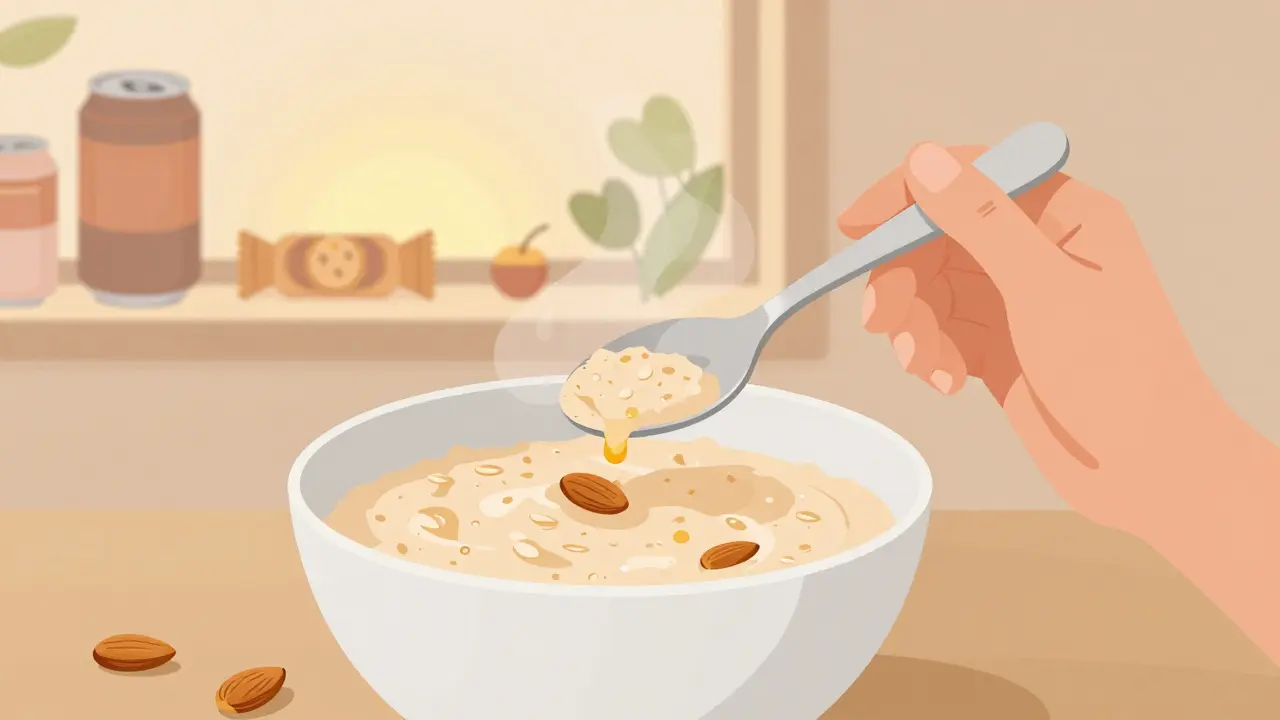 A hand eating plain oatmeal with stevia and almonds, while sugary products fade into fruit and leaves.