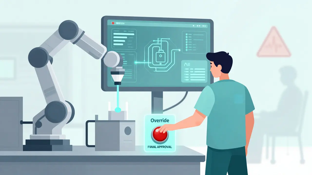 A human operator overrides an AI system with a red button, maintaining final approval authority in an automated facility.