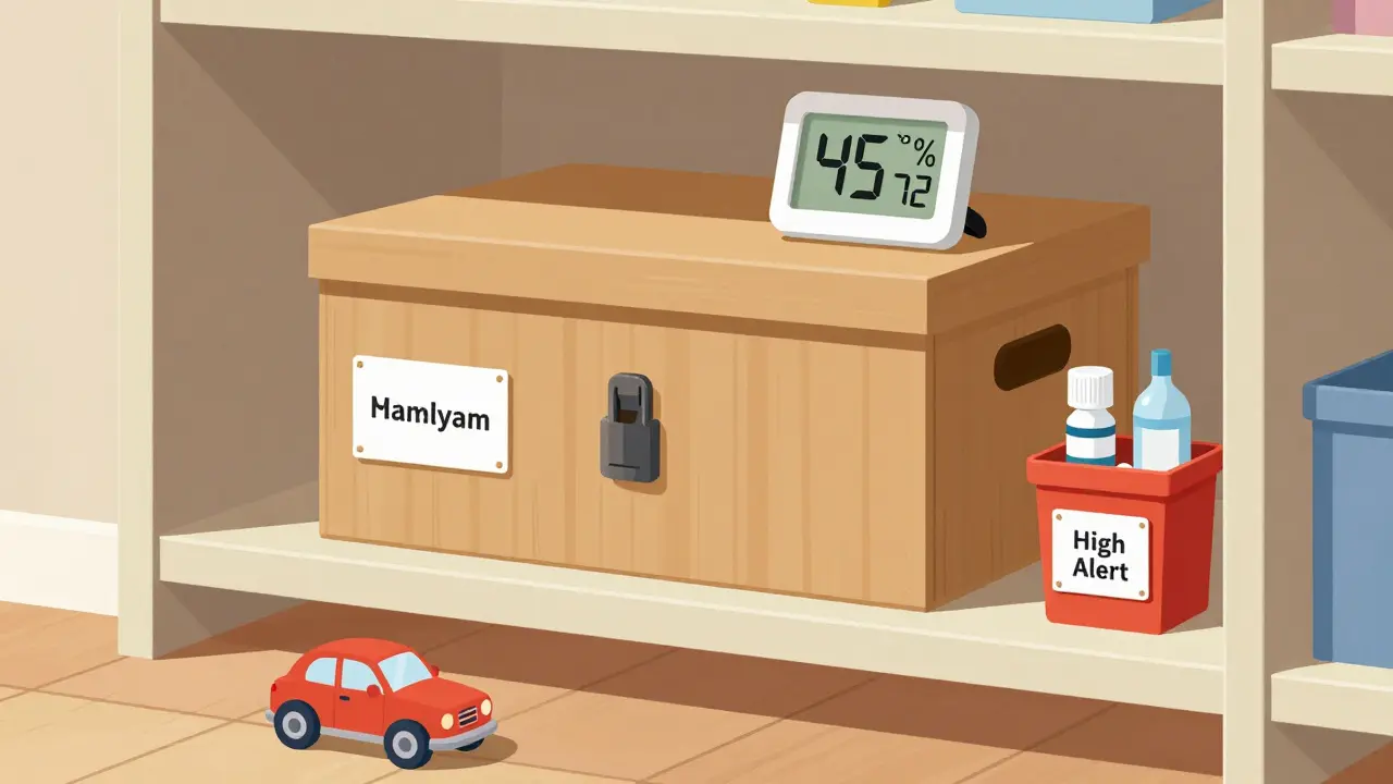 A locked storage box in a closet with labeled bins and a high-alert container for insulin