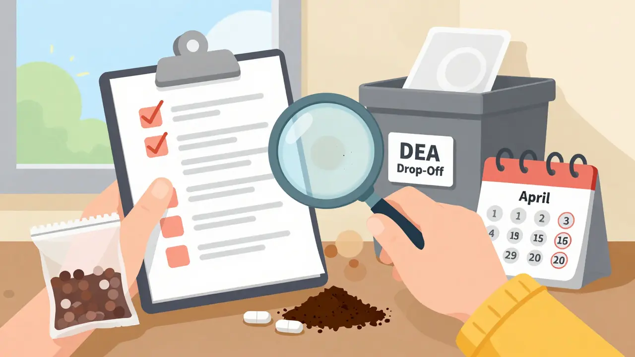 A person checking medication expiration with a checklist, disposal bag, and take-back bin