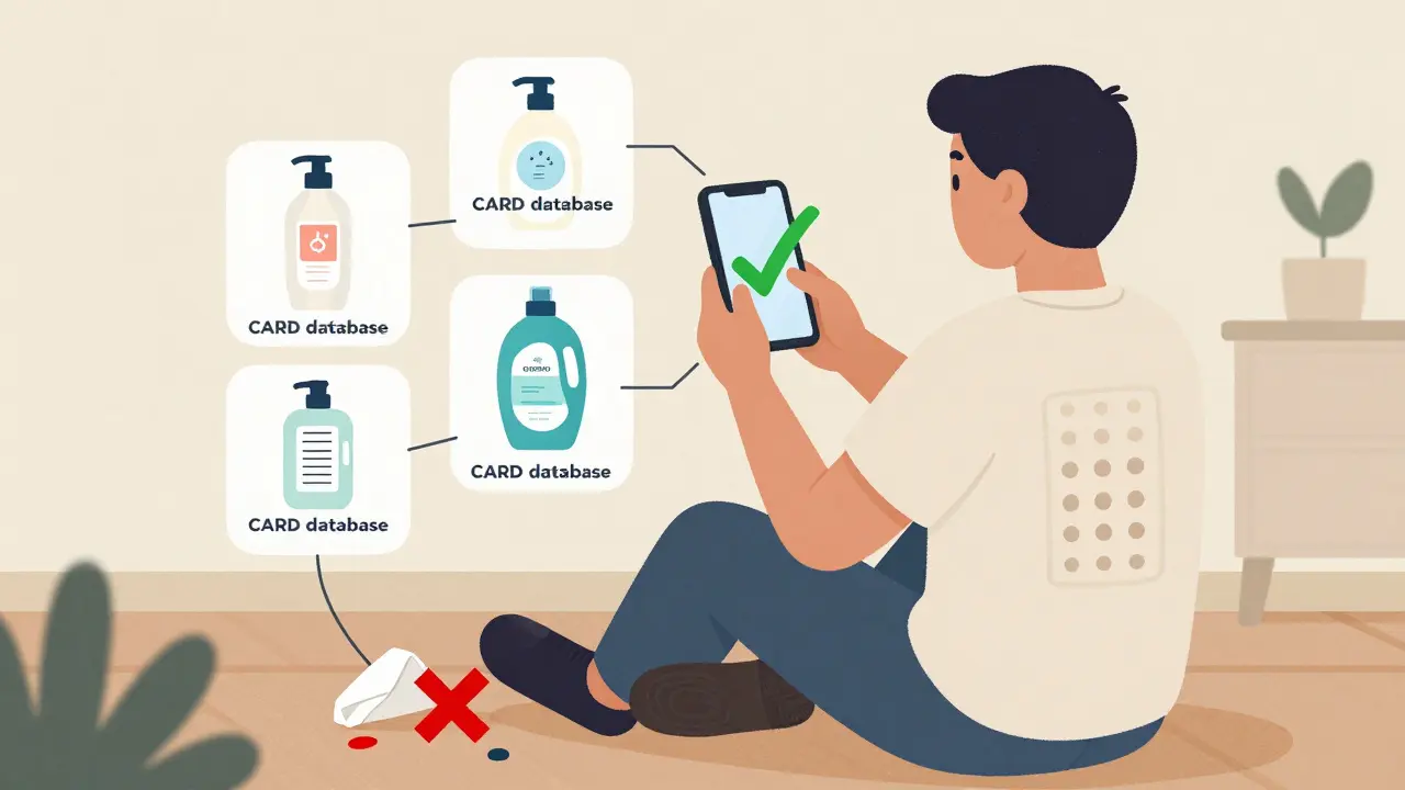 A person holding a safe smartphone surrounded by approved personal care products, with discarded items on the floor.