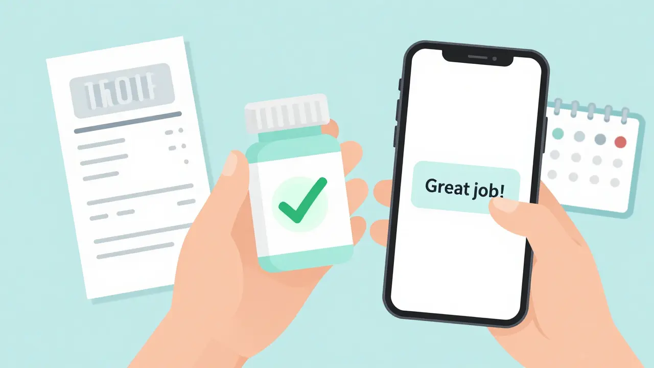 A smart pill bottle glowing with a checkmark beside a phone notification and handwritten tracker.