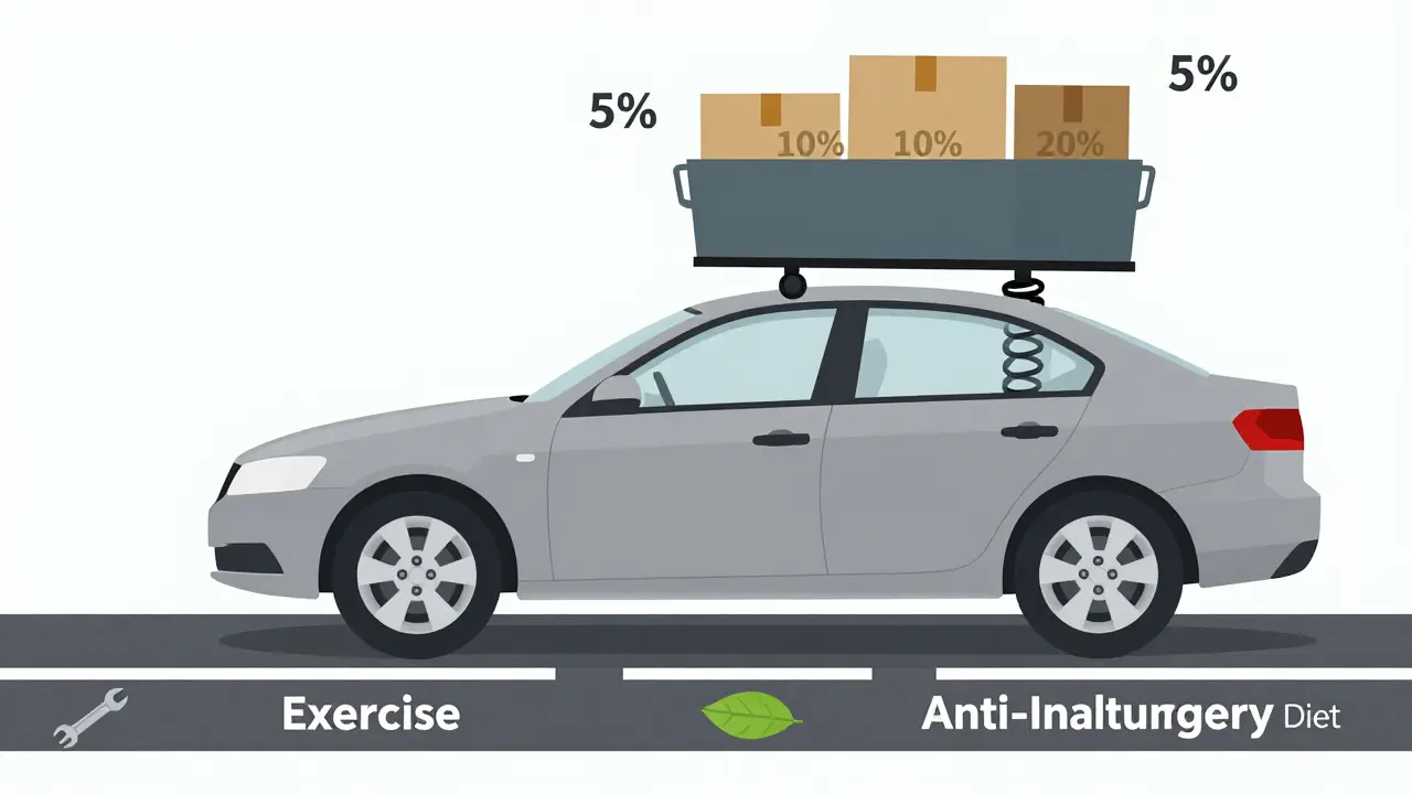 Car metaphor illustration: hip joint as suspension system, weight removed to improve function, with icons of diet and exercise.