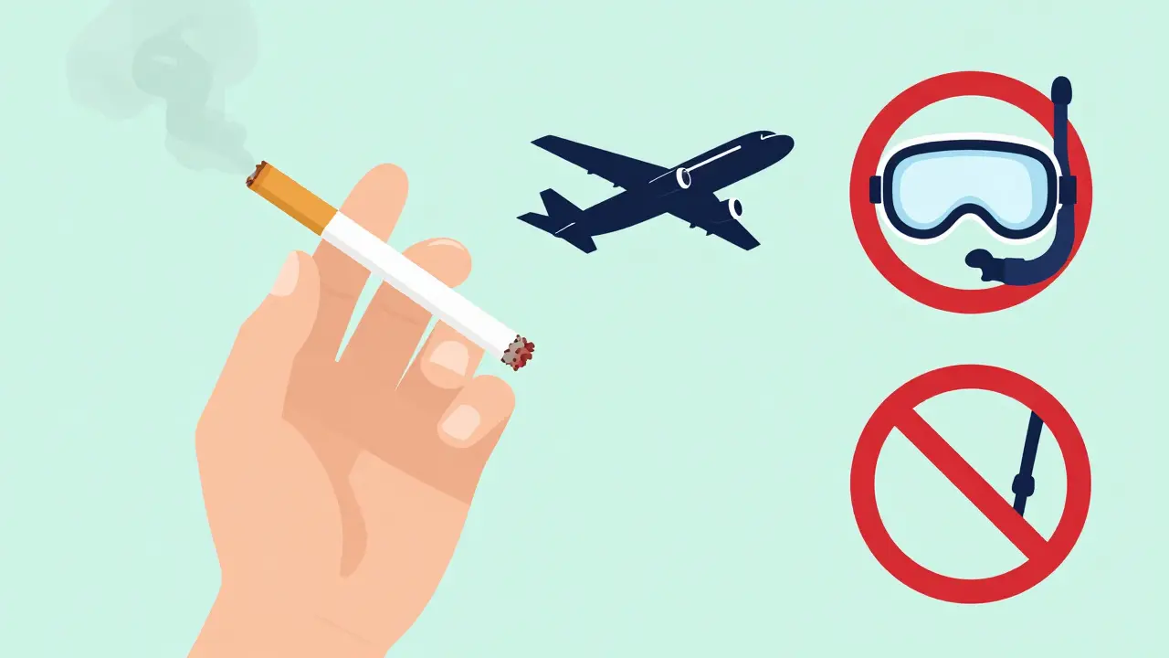 Crossed-out cigarette with airplane and scuba diving prohibition symbols