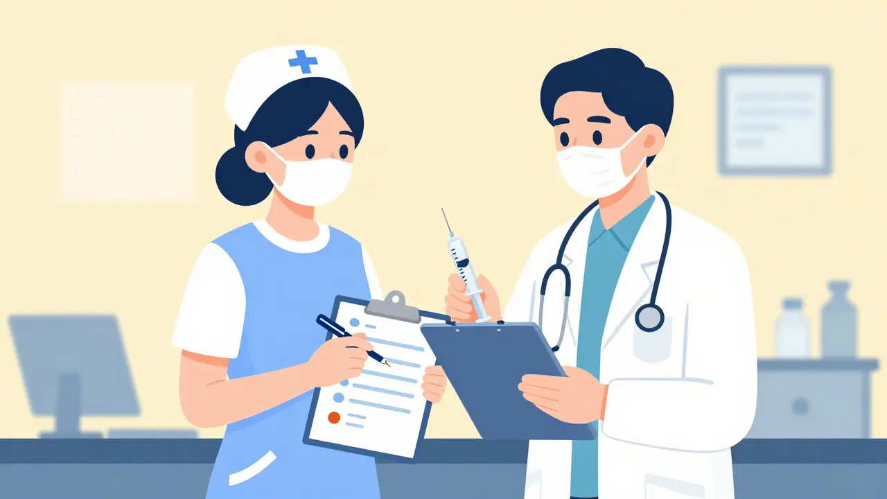 Nurse and doctor confirming medication order with checklist icons on clipboard