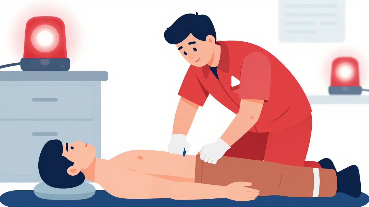 Paramedic performing needle decompression for tension pneumothorax