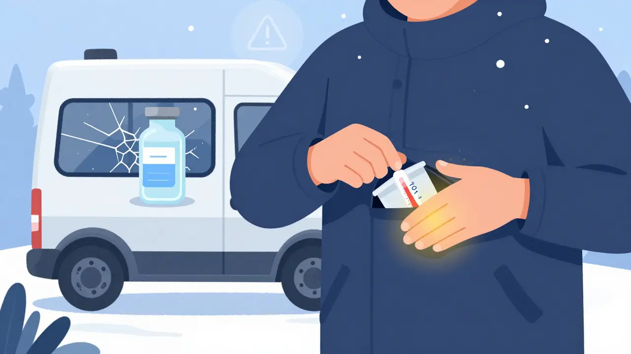 Person keeping medication warm in coat pocket during freezing winter conditions.