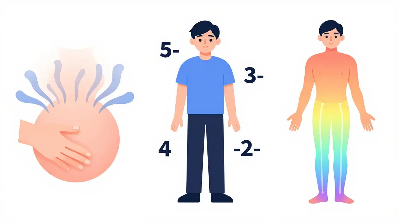 Three simple scenes depicting diaphragmatic breathing, grounding exercise, and body scan techniques for anxiety relief.