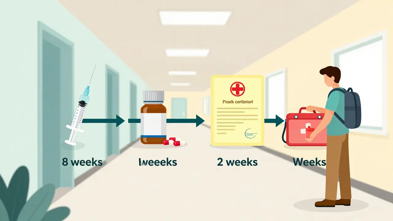 Timeline of pre-trip health steps from 8 weeks to 2 weeks before departure.