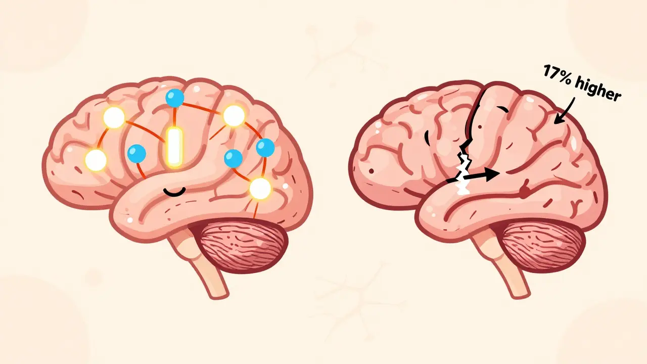 Two brain diagrams showing how sugar and artificial sweeteners affect hunger signals differently.