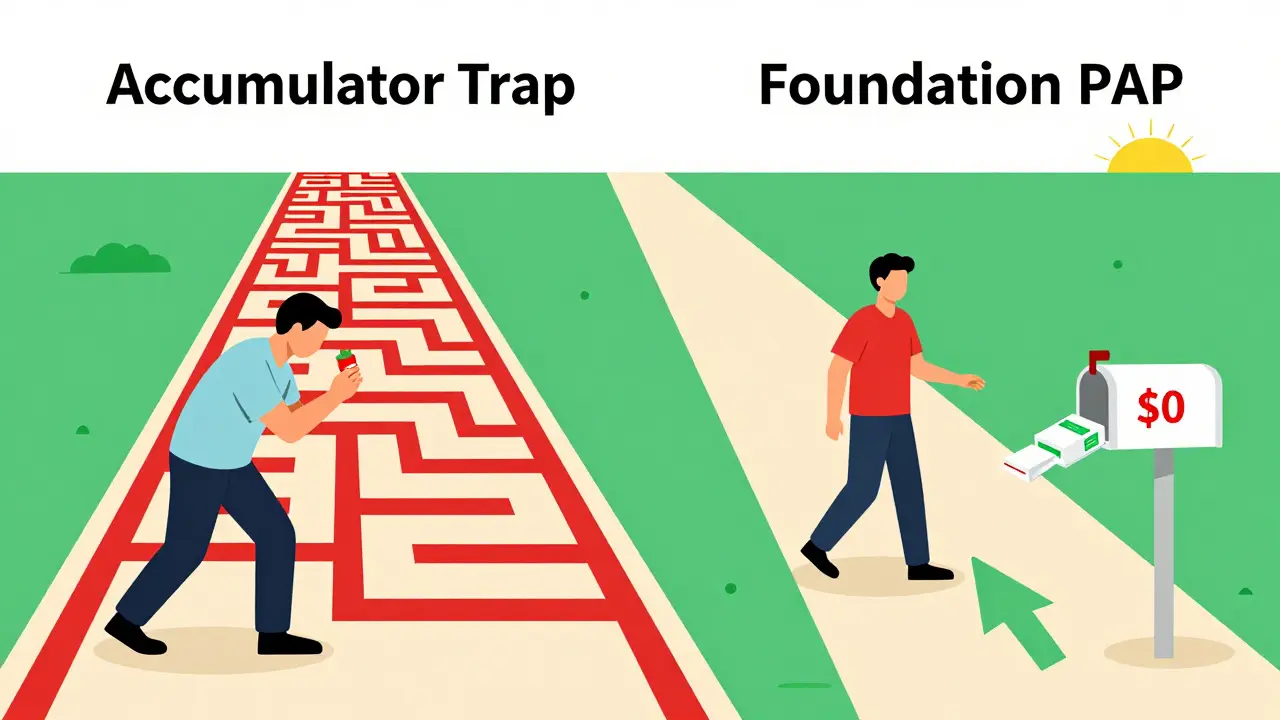 Two paths: one trapped by insurance costs, the other leading to free medication via foundation aid.