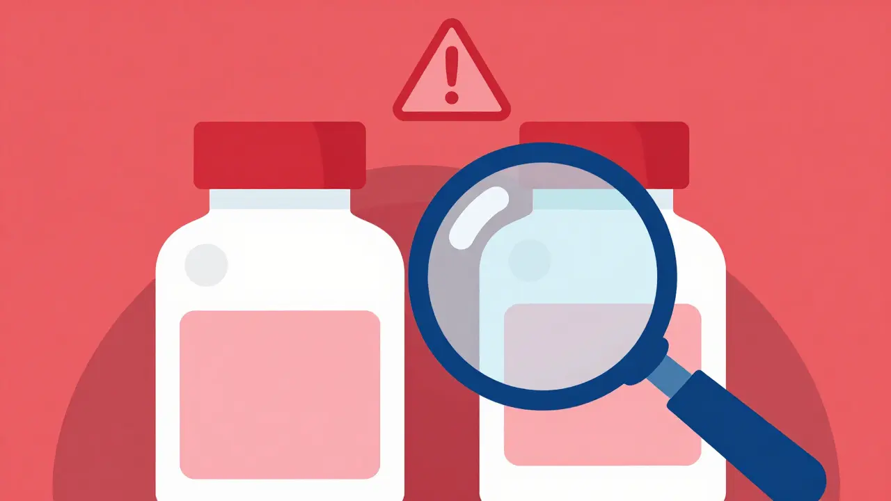 Two similar medication bottles with magnifying glass highlighting confusion, red warning symbol
