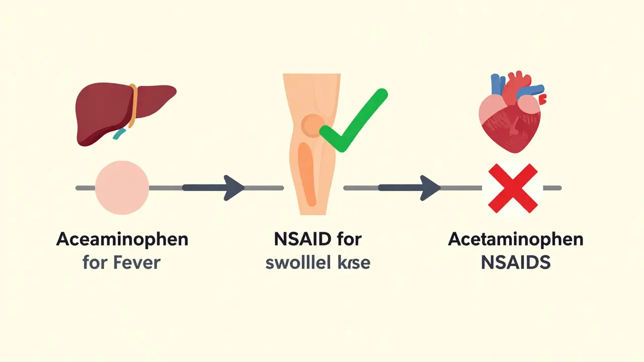 A daily timeline showing alternating doses of acetaminophen and NSAID with safety symbols for liver and heart.