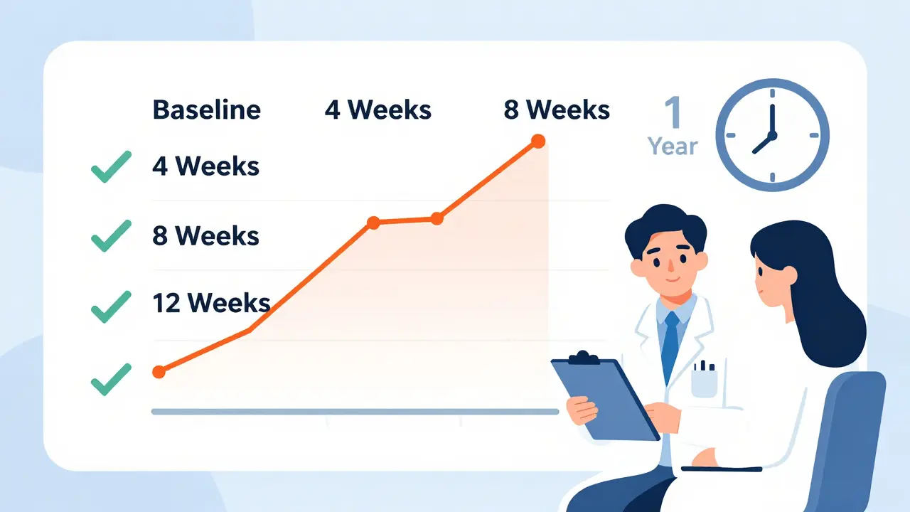 A medical chart tracking metabolic monitoring over time with a doctor and patient discussing test results.