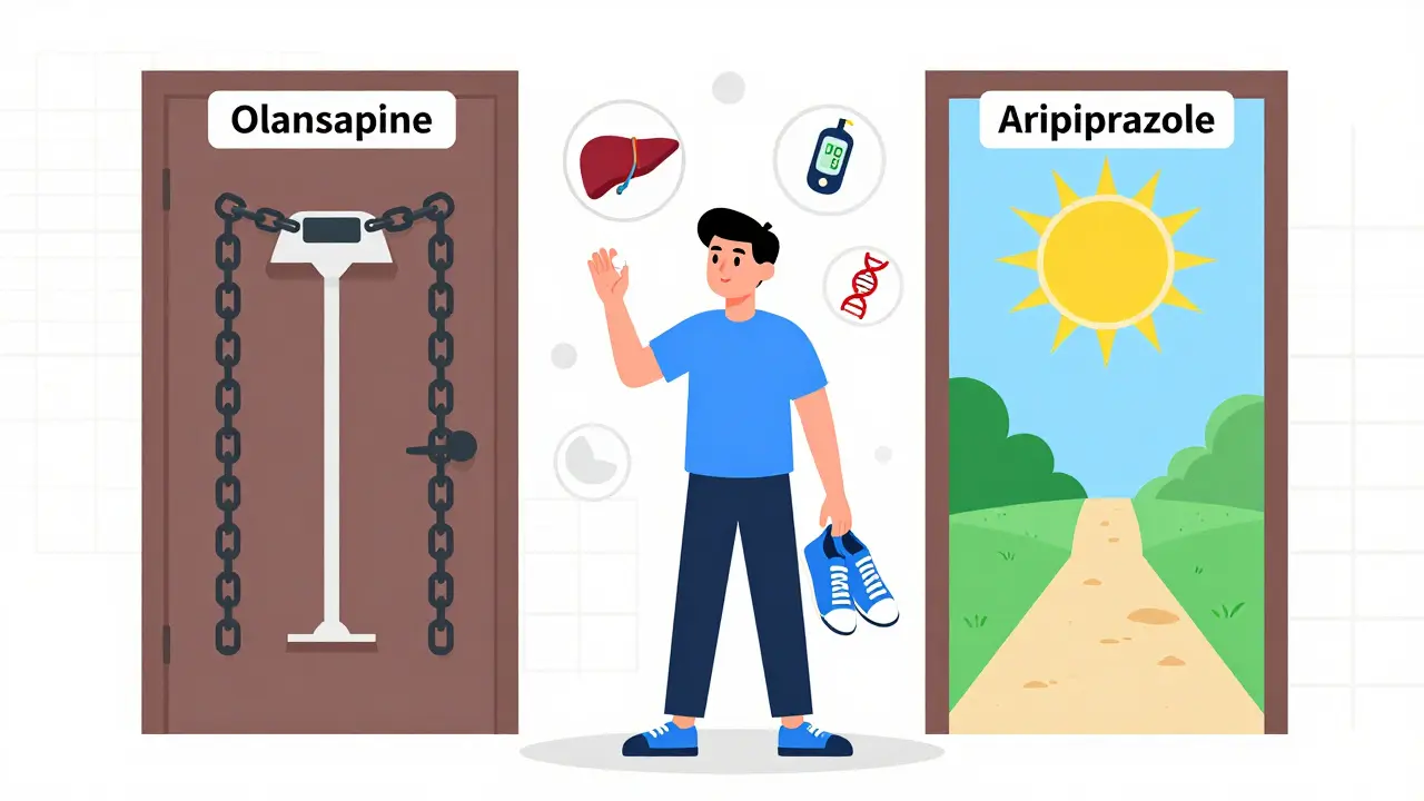 A person choosing between high-risk and low-risk antipsychotic medications, holding metformin and sneakers for healthier living.