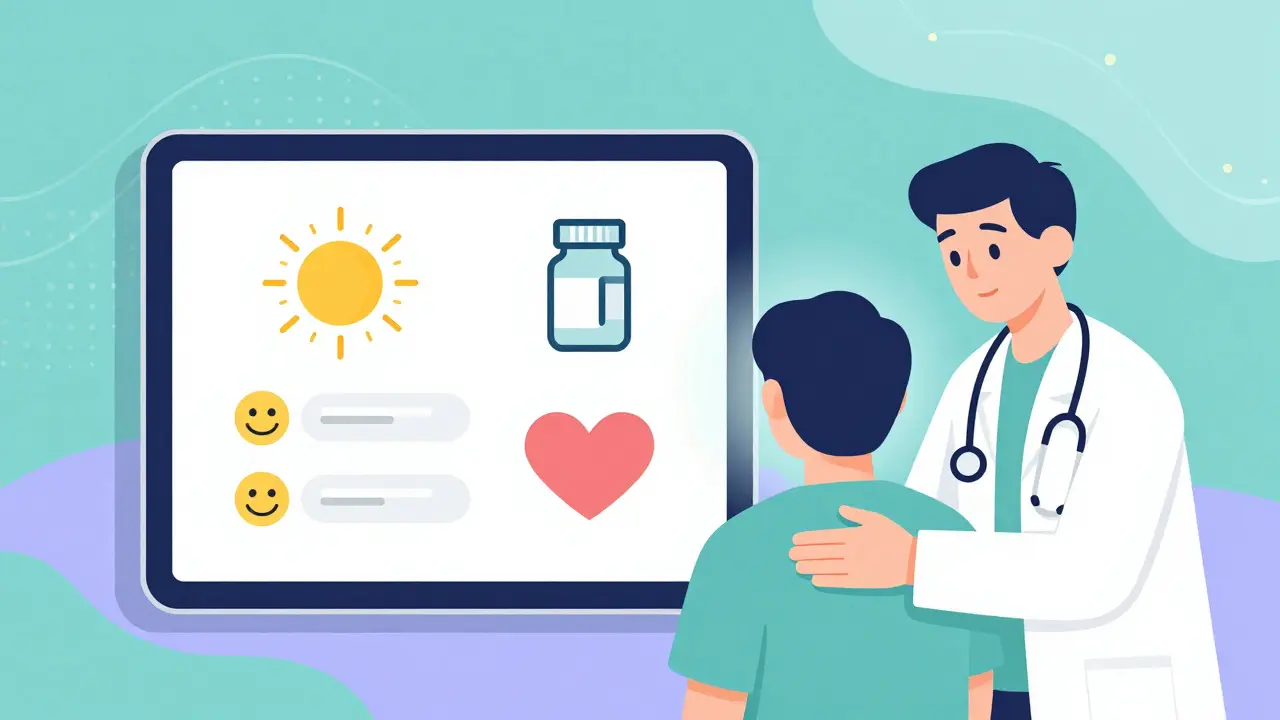AI tablet helping patient track health with human clinician offering support, in flat illustration style.