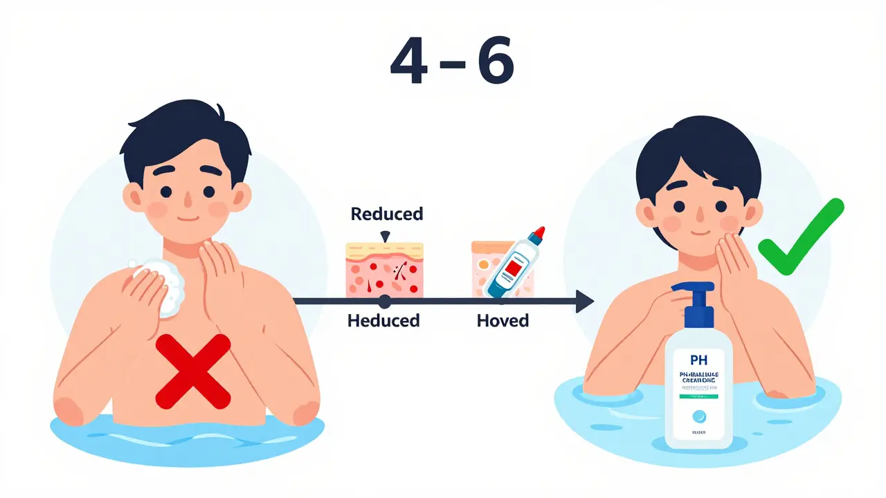 Comparison of wrong vs right eczema care routines with symbols showing improved skin health over time.