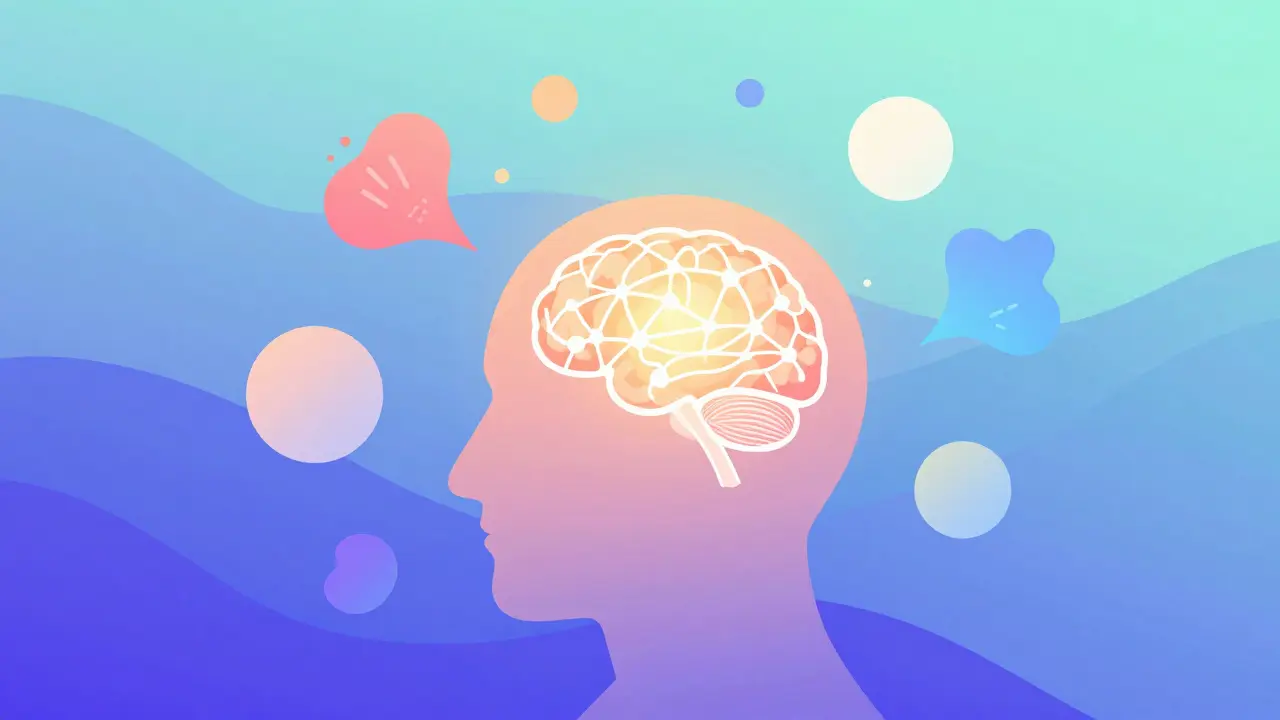 Conceptual flat illustration of brain showing anxiety about medication intake.