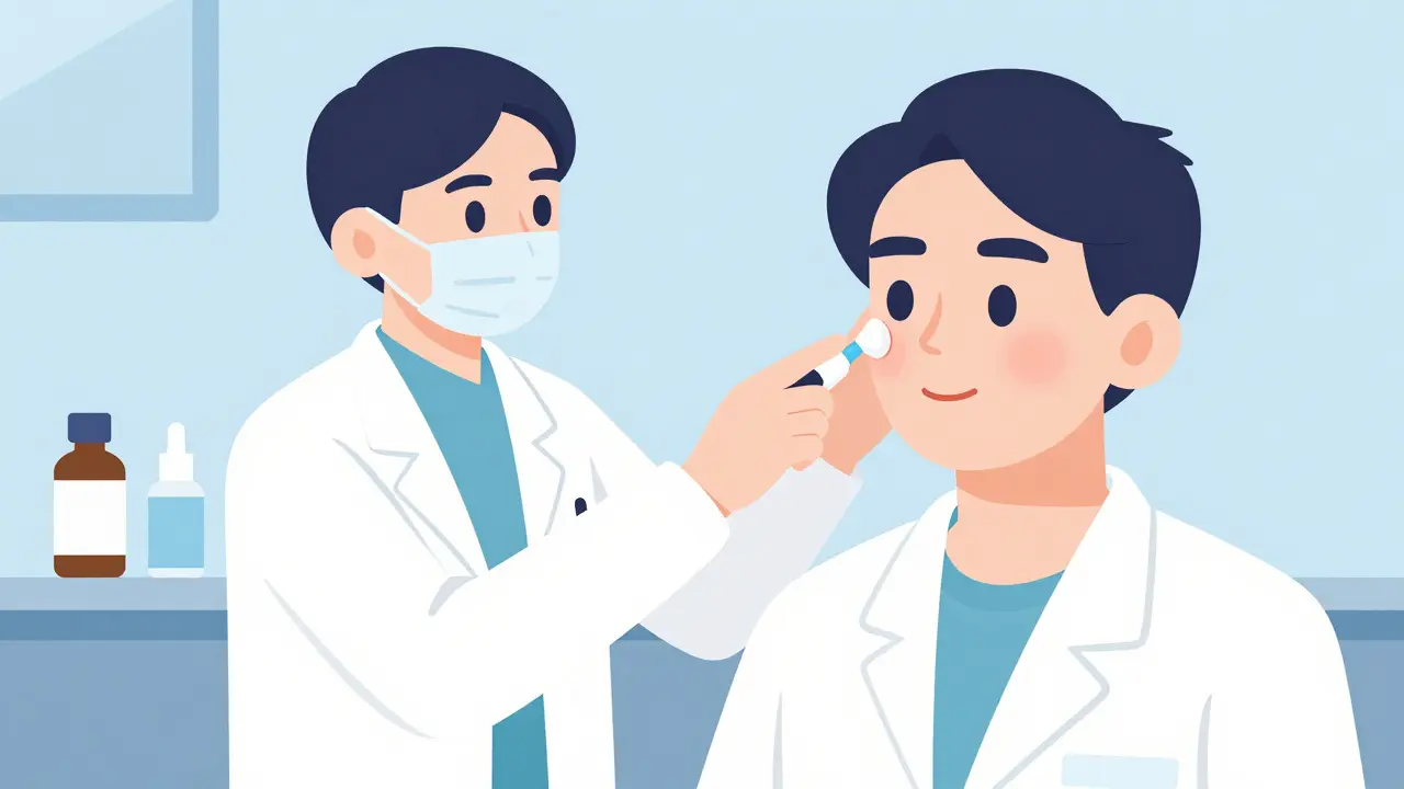 Dermatologist applying cream to patient's face for treatment.