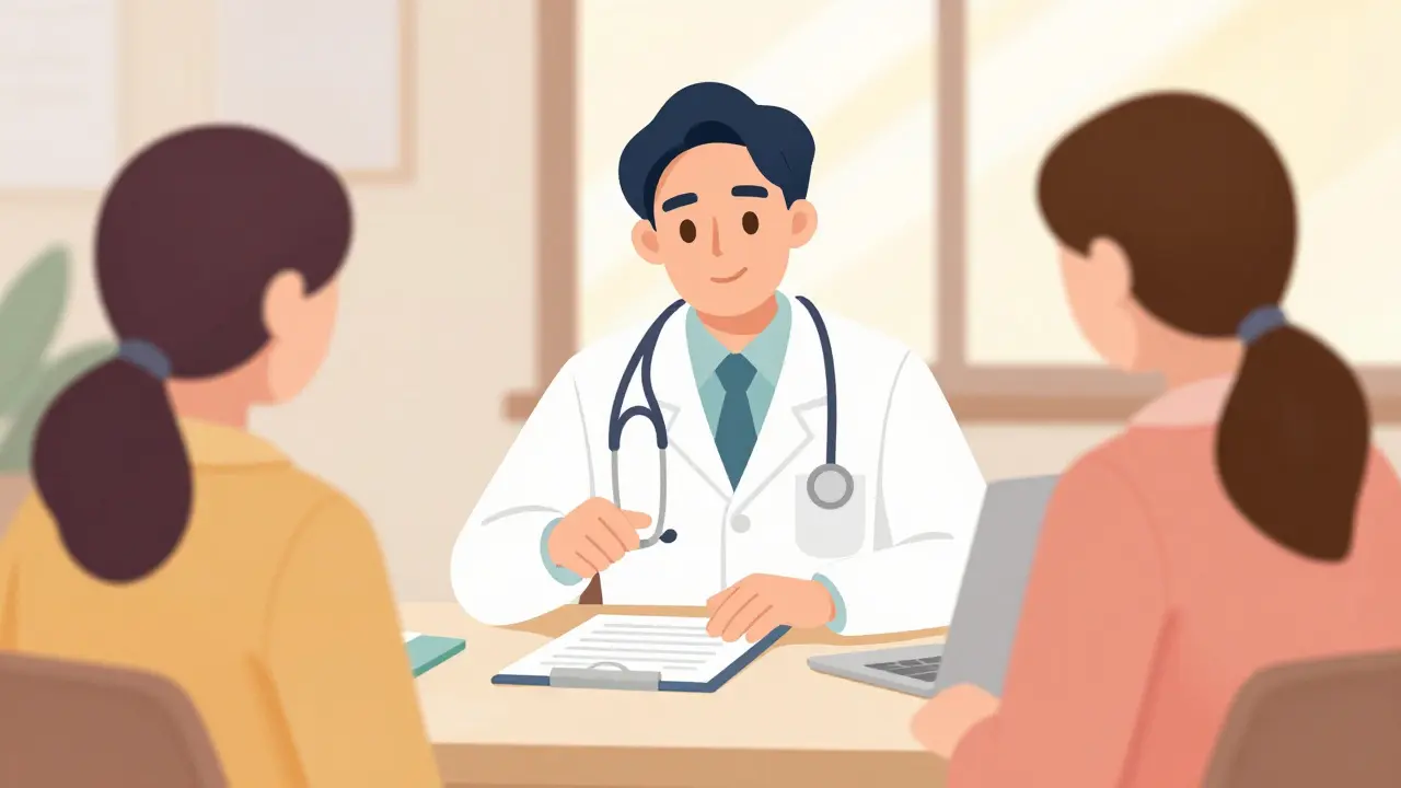 Doctor explaining medication details to a patient during a clinic consultation.