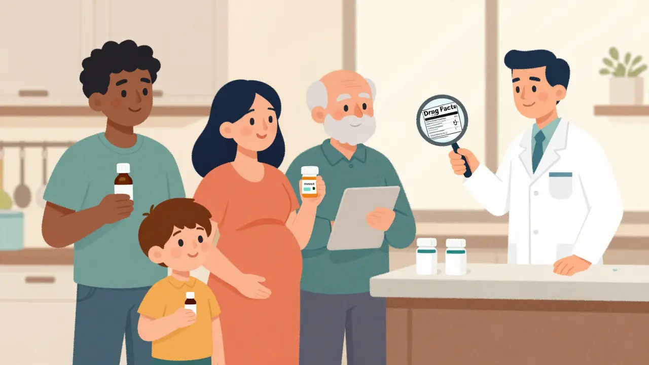 Family members holding different OTC medications while a pharmacist explains using a magnifying glass on a Drug Facts label.