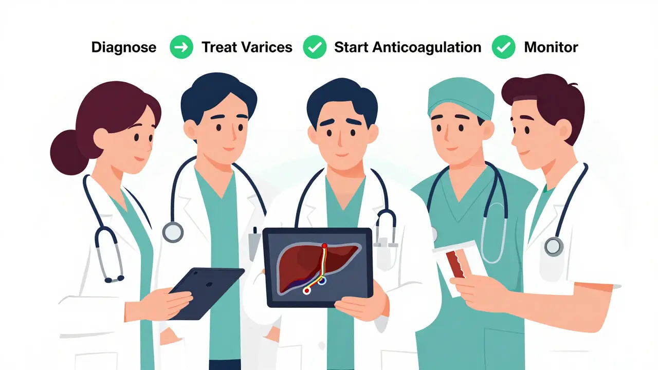 Medical team reviewing liver scan with overlay of resolved clot, highlighting collaborative care for portal vein thrombosis.