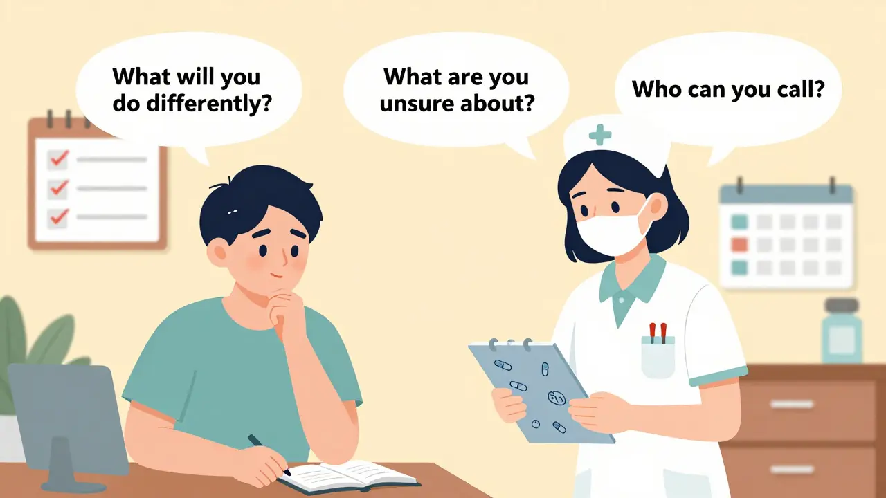 Nurse using a 3-question exit ticket with patient in a clinic, showing thoughtful conversation.