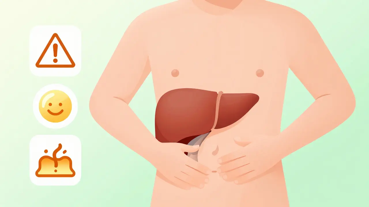 Patient checking upper abdomen area for health symptom awareness