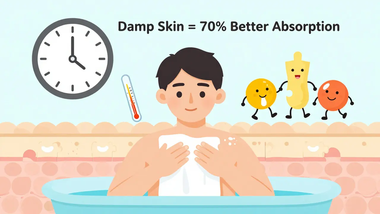 Person bathing in lukewarm water and applying moisturizer within 3 minutes to damp skin.