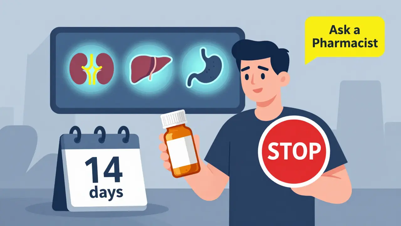 Person holding an expired pill bottle beside warning icons of organ damage, with a 'Ask a Pharmacist' sign.