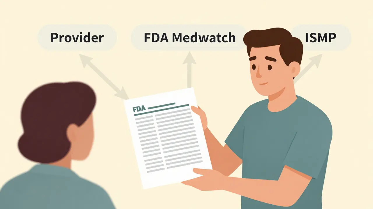 Person sharing documentation with a healthcare provider, with three reporting pathways behind them.