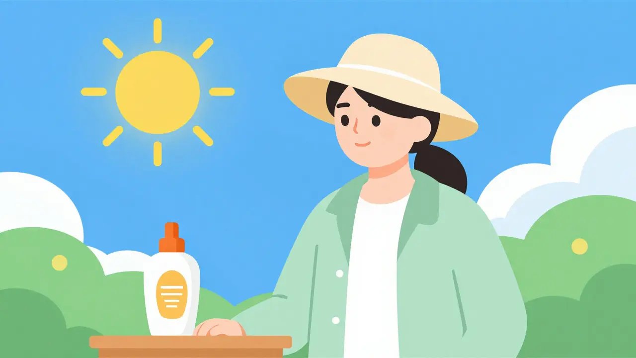 Person wearing sun hat and sunscreen outdoors for protection.